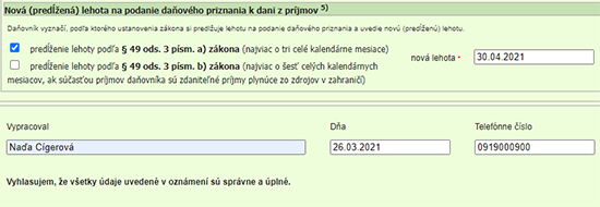 Oznámenie daňovníka o predĺžení lehoty na podanie daňového priznania podľa § 49 ods. 3 písm. a) alebo b) (platné od 1. 1. 2021)